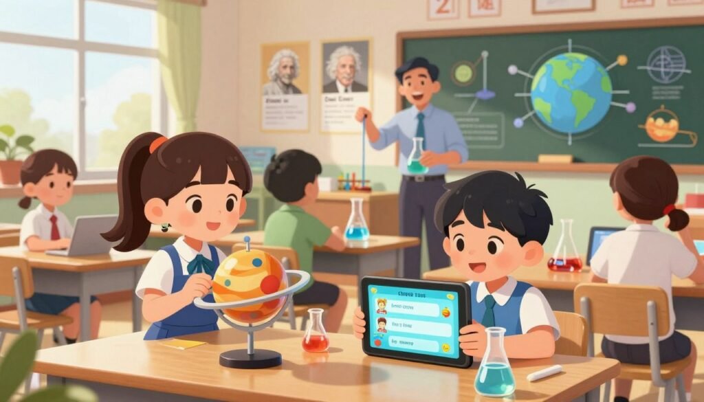 A vibrant classroom scene illustrating gamified science education, showcasing a diverse group of students engaged in interactive experiments. In the foreground, a young girl in professional attire examines a colorful model of the solar system, while a boy beside her uses a tablet displaying a science quiz game. In the middle, a teacher enthusiastically demonstrates a chemical reaction using safe materials. The background features educational posters of 20th-century scientists, like Einstein and Curie, alongside engaging visuals of earth sciences and physics concepts. The environment is bright, filled with sunlight streaming through large windows, creating a cheerful and inspiring atmosphere. The image conveys a sense of wonder and excitement about learning, emphasizing the modern impact of historical scientific advancements. Created by Debsie. A vibrant classroom scene illustrating gamified science education, showcasing a diverse group of students engaged in interactive experiments. In the foreground, a young girl in professional attire examines a colorful model of the solar system, while a boy beside her uses a tablet displaying a science quiz game. In the middle, a teacher enthusiastically demonstrates a chemical reaction using safe materials. The background features educational posters of 20th-century scientists, like Einstein and Curie, alongside engaging visuals of earth sciences and physics concepts. The environment is bright, filled with sunlight streaming through large windows, creating a cheerful and inspiring atmosphere. The image conveys a sense of wonder and excitement about learning, emphasizing the modern impact of historical scientific advancements. Created by Debsie.