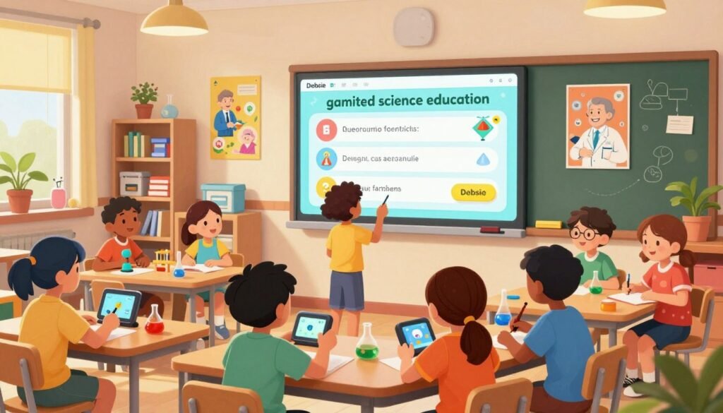 A vibrant classroom scene illustrating "gamified science education," with children aged 8 to 12 engaging enthusiastically with science experiments. In the foreground, a diverse group of kids, dressed in colorful casual clothing, collaborates on a hands-on project using interactive tools and digital interfaces branded with "Debsie." In the middle, a large, bright interactive whiteboard displays fun science games and quizzes that encourage participation. The background features shelves filled with science kits, colorful posters of famous scientists, and plants for a lively atmosphere. Soft, warm lighting enhances the inviting mood, while a wide-angle view captures the spirit of exploration and teamwork, inviting the viewer to learn and engage in a friendly educational environment.