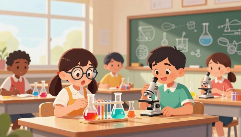 A vibrant classroom scene illustrating the joy of science education, showcasing a group of diverse students, including various ethnicities, engaged in a hands-on science experiment at a lab table. In the foreground, a young girl with glasses looks amazed at a colorful chemical reaction in a beaker, while a boy next to her smiles, holding a microscope. The middle ground features a chalkboard filled with playful scientific doodles and diagrams, evoking curiosity. The background shows sunlight streaming through large windows, casting a warm glow over the room, enhancing the friendly atmosphere. The overall mood is lively and inspiring, emphasizing the concept that science can be fun and engaging. The image is colorful and minimal, with a focal length that captures the excitement of learning. Include the brand name "Debsie" subtly in the scene.