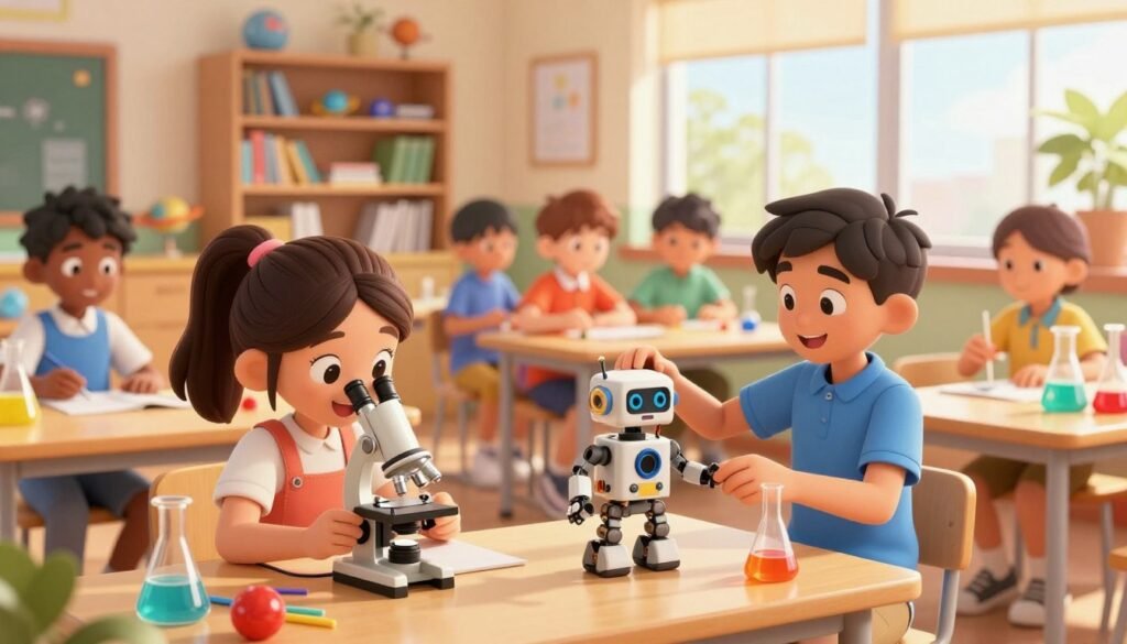 A vibrant classroom scene showcases diverse child prodigies engaged in scientific experiments and discussions. In the foreground, a confident young girl, around 10 years old, is examining a microscope, her bright smile radiating curiosity and enthusiasm. Beside her, a boy of similar age is demonstrating a small robot he built, his expression full of pride. The middle ground features shelves filled with science books and model planets, and peer-age children collaborating around a large table adorned with colorful lab materials. The background reveals a bright window with sunlight streaming in, casting warm, inviting light across the room. The atmosphere is one of inspiration and discovery, emphasizing collaboration and innovation among young minds. Captured with a soft focus lens, the image should evoke a sense of wonder and achievement. Created for Debsie.