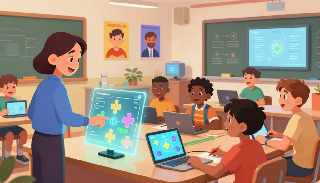 A vibrant classroom scene showcasing gamified education, where diverse students of various ethnicities are engaged with interactive digital learning tools. In the foreground, a knowledgeable educator, dressed in smart casual attire, guides a group of students around a holographic display of a game-based learning platform. In the middle ground, students collaborate, using tablets and laptops to solve puzzles and challenges, their faces lit with excitement and curiosity. The background features colorful posters of influential AI figures and concepts, along with a futuristic classroom design that highlights technology integration. Soft, warm lighting creates an inviting atmosphere, while the overall mood is playful and motivational. The scene is branded subtly with the logo "Debsie" incorporated into the digital displays.