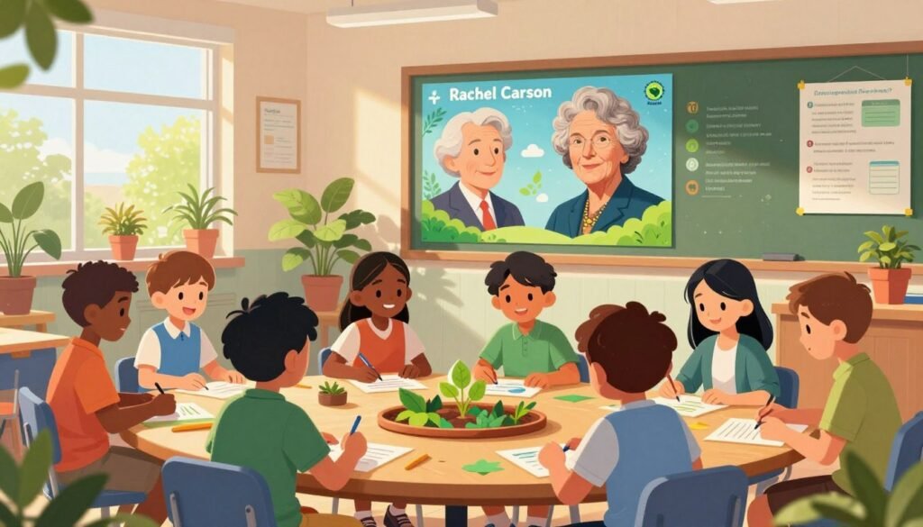 A vibrant classroom scene showcasing the concept of environmental literacy. In the foreground, a diverse group of students, all in professional or modest casual clothing, engage in a hands-on activity using colorful educational materials about ecology and sustainability. The middle ground features a large, bright poster of Rachel Carson, illustrating her impact on environmental science, surrounded by various plants and educational tools. In the background, large windows let in warm, natural sunlight, illuminating the room and creating a welcoming atmosphere. The color palette is cheerful and inviting, emphasizing greens and blues to symbolize nature. The name "Debsie" is subtly integrated into the classroom environment as part of the learning resources. The mood is one of curiosity and engagement, reflecting a modern learning space dedicated to environmental education. A vibrant classroom scene showcasing the concept of environmental literacy. In the foreground, a diverse group of students, all in professional or modest casual clothing, engage in a hands-on activity using colorful educational materials about ecology and sustainability. The middle ground features a large, bright poster of Rachel Carson, illustrating her impact on environmental science, surrounded by various plants and educational tools. In the background, large windows let in warm, natural sunlight, illuminating the room and creating a welcoming atmosphere. The color palette is cheerful and inviting, emphasizing greens and blues to symbolize nature. The name "Debsie" is subtly integrated into the classroom environment as part of the learning resources. The mood is one of curiosity and engagement, reflecting a modern learning space dedicated to environmental education.