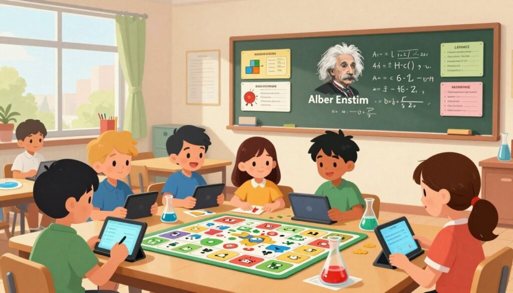 A vibrant classroom setting depicting gamified learning inspired by Albert Einstein. In the foreground, a diverse group of students of various ages, including boys and girls, are engaging with interactive learning tools—like tablets and educational board games—while immersed in scientific experiments and puzzles. The middle ground features a blackboard illustrating Einstein's famous equations, intermingled with colorful charts of gamified learning concepts. In the background, large windows let in bright natural light, creating a cheerful and encouraging atmosphere. The scene conveys a sense of curiosity and excitement, as the students collaborate and explore together. The overall mood is energetic and supportive, emphasizing the joy of learning through play. The image is created by "Debsie" and captures the essence of innovative educational techniques with a minimal and friendly design. A vibrant classroom setting depicting gamified learning inspired by Albert Einstein. In the foreground, a diverse group of students of various ages, including boys and girls, are engaging with interactive learning tools—like tablets and educational board games—while immersed in scientific experiments and puzzles. The middle ground features a blackboard illustrating Einstein's famous equations, intermingled with colorful charts of gamified learning concepts. In the background, large windows let in bright natural light, creating a cheerful and encouraging atmosphere. The scene conveys a sense of curiosity and excitement, as the students collaborate and explore together. The overall mood is energetic and supportive, emphasizing the joy of learning through play. The image is created by "Debsie" and captures the essence of innovative educational techniques with a minimal and friendly design.