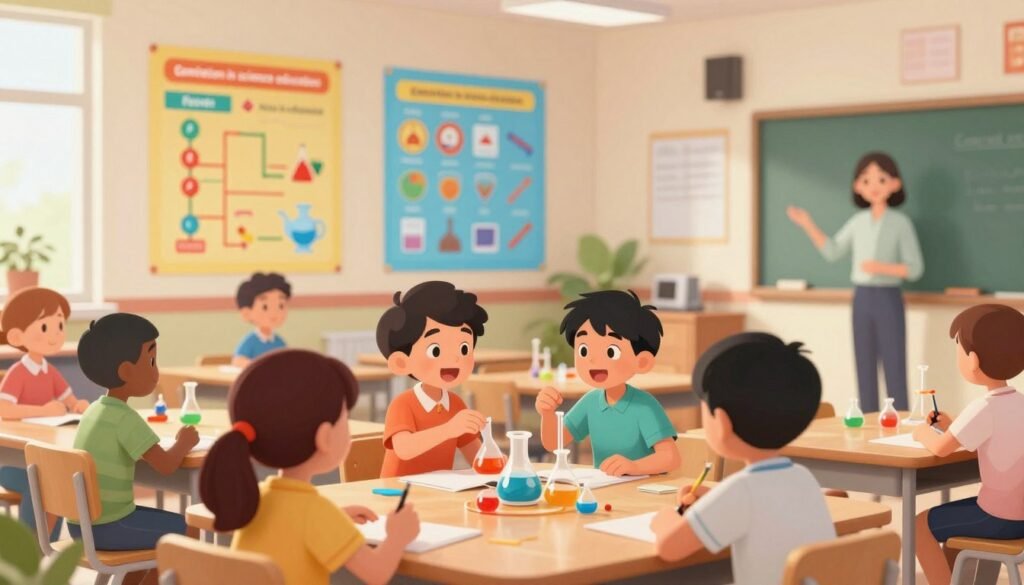 A vibrant classroom setting illustrating "gamification in science education." In the foreground, a diverse group of students, both male and female, engaged in a fun, interactive science experiment, showcasing teamwork and enthusiasm. The middle ground features large, colorful educational posters on the walls with gamified elements like charts and icons representing scientific concepts. In the background, a modern teacher stands at a smart board, actively guiding the students. Soft, natural lighting fills the room, creating an inviting atmosphere, captured with a shallow depth of field. The overall mood is energetic and inspiring, highlighting the evolution of scientific education through play and engagement. By Debsie.