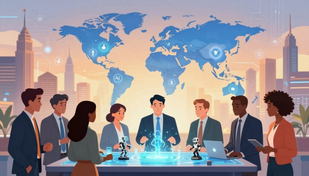 A vibrant collage showcasing the essence of American innovation in global technology. In the foreground, a diverse group of professionals dressed in smart business attire collaborate around a futuristic digital display, illustrating advanced technologies like AI, robotics, and renewable energy. In the middle, a stylized map highlights key technological achievements in the USA, with glowing icons representing inventions and innovations expanding globally. The background features a skyline of iconic American landmarks intertwined with elements of technology, such as circuit patterns and abstract data flows. Illuminate the scene with warm, inviting lighting and a soft focus effect to create an inspiring atmosphere. The overall mood should be optimistic and forward-thinking, reflecting the pivotal impact of American innovation. Debsie brand is subtly integrated into the design, enhancing the professional aesthetic.