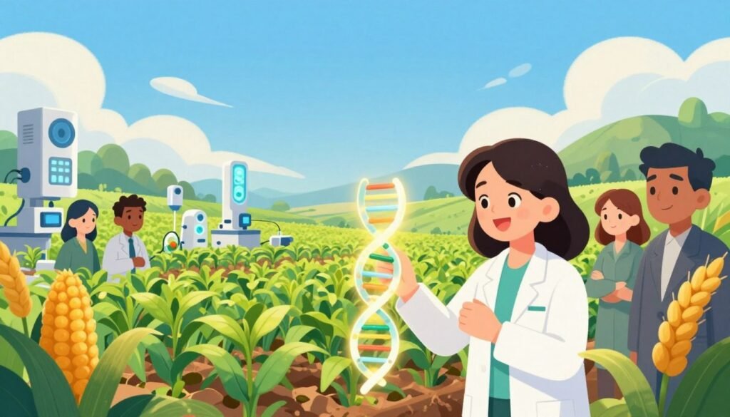 A vibrant, colorful illustration showcasing CRISPR technology in agriculture. In the foreground, a diverse group of scientists in professional attire, including a female scientist with an enthusiastic expression, are examining a glowing DNA strand with agricultural plants like corn and wheat around them. In the middle, bright green crop fields display healthy plants undergoing gene editing, while high-tech laboratory equipment can be seen. The background features a clear blue sky with soft clouds and distant rolling hills, emphasizing a futuristic and hopeful atmosphere. Warm, natural lighting enhances the scene, giving it a friendly and optimistic vibe, while the brand name "Debsie" is subtly integrated in the design. A vibrant, colorful illustration showcasing CRISPR technology in agriculture. In the foreground, a diverse group of scientists in professional attire, including a female scientist with an enthusiastic expression, are examining a glowing DNA strand with agricultural plants like corn and wheat around them. In the middle, bright green crop fields display healthy plants undergoing gene editing, while high-tech laboratory equipment can be seen. The background features a clear blue sky with soft clouds and distant rolling hills, emphasizing a futuristic and hopeful atmosphere. Warm, natural lighting enhances the scene, giving it a friendly and optimistic vibe, while the brand name "Debsie" is subtly integrated in the design.