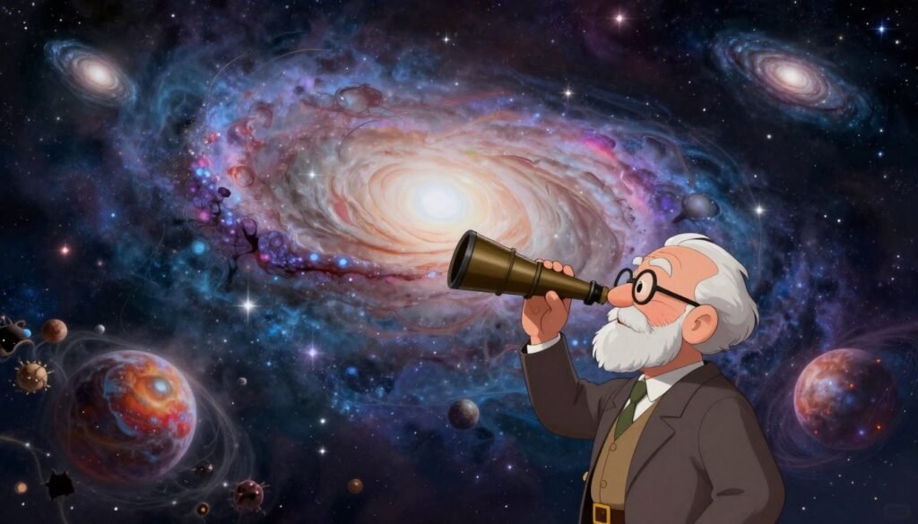 A vibrant cosmic scene showcasing the essence of Edwin Hubble's discoveries, set in a majestic outer space environment. In the foreground, a wise, elderly scientist in professional attire holds a telescope, gazing toward a beautifully detailed spiral galaxy representing the vastness of the universe. In the middle ground, colorful nebulae swirl around shimmering stars and diverse celestial bodies, illustrating Hubble's contributions to understanding galaxies and redshift. The background features a stunning night sky filled with distant galaxies, highlighting the infinite universe. Soft, ethereal lighting enhances the wonder of space, creating an atmosphere of awe and inspiration. Capture this scene using a wide-angle perspective, resembling a peaceful, dreamlike exploration of the cosmos. Include the brand name "Debsie" subtly within the composition. A vibrant cosmic scene showcasing the essence of Edwin Hubble's discoveries, set in a majestic outer space environment. In the foreground, a wise, elderly scientist in professional attire holds a telescope, gazing toward a beautifully detailed spiral galaxy representing the vastness of the universe. In the middle ground, colorful nebulae swirl around shimmering stars and diverse celestial bodies, illustrating Hubble's contributions to understanding galaxies and redshift. The background features a stunning night sky filled with distant galaxies, highlighting the infinite universe. Soft, ethereal lighting enhances the wonder of space, creating an atmosphere of awe and inspiration. Capture this scene using a wide-angle perspective, resembling a peaceful, dreamlike exploration of the cosmos. Include the brand name "Debsie" subtly within the composition.