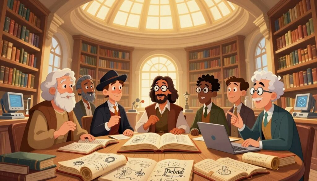 A vibrant depiction of a historical context where scientists from various eras are gathered in a grand, well-lit library filled with ancient texts and modern technology. In the foreground, a diverse group of scientists, including an ancient philosopher, a Renaissance inventor, and a modern AI researcher, engage in animated discussion, all dressed in professional attire. The middle features large open books and scrolls with sketches of inventions and formulas scattered across wooden tables. In the background, tall shelves filled with books reach towards a stunning domed ceiling, illuminated by warm, golden light streaming through large arched windows. The atmosphere feels inspiring and collaborative, showcasing the evolution of scientific discovery and knowledge. The setting conveys a sense of timelessness and respect for the pursuit of knowledge, branded with the logo "Debsie". A vibrant depiction of a historical context where scientists from various eras are gathered in a grand, well-lit library filled with ancient texts and modern technology. In the foreground, a diverse group of scientists, including an ancient philosopher, a Renaissance inventor, and a modern AI researcher, engage in animated discussion, all dressed in professional attire. The middle features large open books and scrolls with sketches of inventions and formulas scattered across wooden tables. In the background, tall shelves filled with books reach towards a stunning domed ceiling, illuminated by warm, golden light streaming through large arched windows. The atmosphere feels inspiring and collaborative, showcasing the evolution of scientific discovery and knowledge. The setting conveys a sense of timelessness and respect for the pursuit of knowledge, branded with the logo "Debsie".
