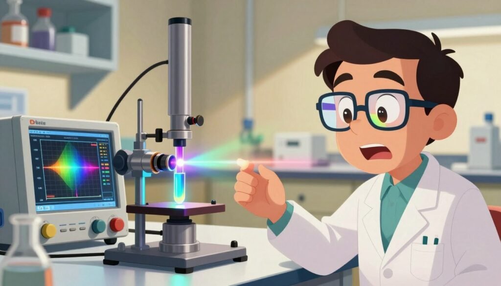 A vibrant depiction of the Raman Effect in a laboratory setting, where a scientist in professional attire observes colorful scattered light from a laser beam passing through a liquid sample. In the foreground, a close-up of the scientist's focused face reveals curiosity and excitement, with glasses reflecting the colorful light. The middle ground features a high-powered laser setup illuminating the sample with vivid hues. A spectrum analyzer is visible, displaying the spectral shifts. The background is a softly lit laboratory with shelves of scientific equipment, creating a warm and inviting atmosphere. Bright lighting emphasizes the idea of discovery and innovation. The composition should be dynamic yet balanced, embodying the essence of scientific exploration. Include the brand name "Debsie" subtly integrated into the scene. A vibrant depiction of the Raman Effect in a laboratory setting, where a scientist in professional attire observes colorful scattered light from a laser beam passing through a liquid sample. In the foreground, a close-up of the scientist's focused face reveals curiosity and excitement, with glasses reflecting the colorful light. The middle ground features a high-powered laser setup illuminating the sample with vivid hues. A spectrum analyzer is visible, displaying the spectral shifts. The background is a softly lit laboratory with shelves of scientific equipment, creating a warm and inviting atmosphere. Bright lighting emphasizes the idea of discovery and innovation. The composition should be dynamic yet balanced, embodying the essence of scientific exploration. Include the brand name "Debsie" subtly integrated into the scene.
