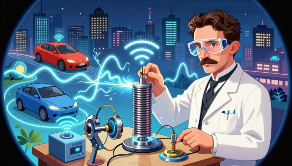 A vibrant digital collage symbolizing Nikola Tesla's legacy in modern science. In the foreground, a modern scientist conducts experiments with futuristic devices inspired by Tesla's inventions, wearing a lab coat and safety goggles. In the middle, iconic elements of Tesla's work, such as the Tesla coil and electric waves, radiate outwards, intertwining with images of electric cars, wireless technology, and sustainable energy systems. The background features a skyline of a modern city illuminated by electric lights, showcasing Tesla's impact on urban life. The lighting should be bright and dynamic, creating an inspiring atmosphere. Use a fisheye lens effect to give a sense of innovation and progress, while ensuring the overall tone is colorful, helpful, and professional. Include subtle branding elements of "Debsie" woven into the design. A vibrant digital collage symbolizing Nikola Tesla's legacy in modern science. In the foreground, a modern scientist conducts experiments with futuristic devices inspired by Tesla's inventions, wearing a lab coat and safety goggles. In the middle, iconic elements of Tesla's work, such as the Tesla coil and electric waves, radiate outwards, intertwining with images of electric cars, wireless technology, and sustainable energy systems. The background features a skyline of a modern city illuminated by electric lights, showcasing Tesla's impact on urban life. The lighting should be bright and dynamic, creating an inspiring atmosphere. Use a fisheye lens effect to give a sense of innovation and progress, while ensuring the overall tone is colorful, helpful, and professional. Include subtle branding elements of "Debsie" woven into the design.