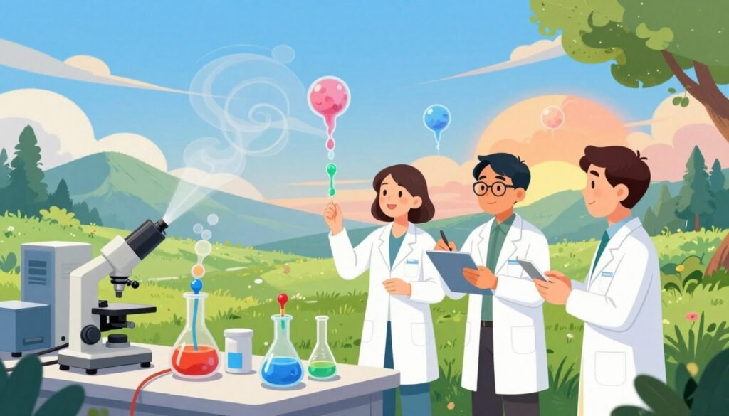 A vibrant, dynamic scene representing atmospheric chemistry, set in a lush green landscape under a bright blue sky, featuring a diverse group of three scientists in professional attire, attentively examining colorful gas emissions using advanced instruments. In the foreground, detailed equipment like spectrometers and gas sampling tools are positioned on a clean table. In the middle ground, faint clouds of different gases are illustrated swirling gently, contrasting with a vibrant sunset. The background showcases distant mountains and trees, creating a serene ambiance. Soft, natural lighting enhances the colors while adding a hopeful and collaborative atmosphere. The scene is branded with the logo "Debsie" subtly integrated into the design, ensuring a friendly yet informative visual. A vibrant, dynamic scene representing atmospheric chemistry, set in a lush green landscape under a bright blue sky, featuring a diverse group of three scientists in professional attire, attentively examining colorful gas emissions using advanced instruments. In the foreground, detailed equipment like spectrometers and gas sampling tools are positioned on a clean table. In the middle ground, faint clouds of different gases are illustrated swirling gently, contrasting with a vibrant sunset. The background showcases distant mountains and trees, creating a serene ambiance. Soft, natural lighting enhances the colors while adding a hopeful and collaborative atmosphere. The scene is branded with the logo "Debsie" subtly integrated into the design, ensuring a friendly yet informative visual.