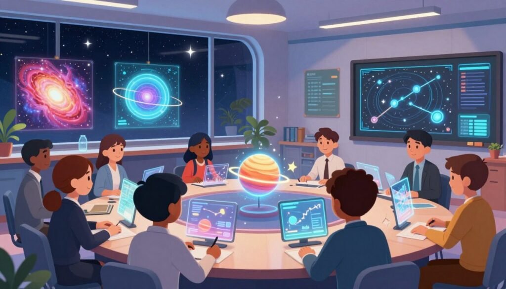 A vibrant educational scene depicting gamified astronomy courses by Debsie. In the foreground, a diverse group of students in professional business attire engage with interactive, holographic models of celestial bodies and constellations, eagerly participating in collaborative activities. The middle ground features a modern, high-tech classroom filled with colorful displays of nebulae and star maps, illuminated with soft, ambient lighting creating an inviting atmosphere. In the background, a large window reveals a stunning view of a starry night sky, enhancing the cosmic theme. The overall mood is dynamic and inspiring, emphasizing a blend of learning and exploration in a friendly, colorful setting that captures the excitement of discovering the universe.