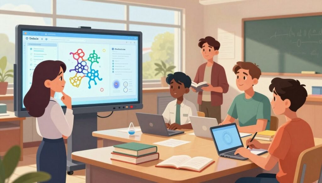A vibrant, educational scene showcasing a diverse group of aspiring AI scientists gathered around a large interactive digital screen displaying protein structures and AI algorithms. In the foreground, a thoughtful young woman in professional attire points at the screen, while a focused young man takes notes. In the middle, other students engage in discussions, surrounded by books and laptops, symbolizing collaboration and innovation. The background features a bright classroom with large windows allowing natural light to flood in, creating a warm and inviting atmosphere. The lens captures the scene from a slightly elevated angle to emphasize the engagement among students. The overall mood is friendly, enthusiastic, and inspiring. The brand "Debsie" is subtly integrated into the digital display as part of the learning tools. A vibrant, educational scene showcasing a diverse group of aspiring AI scientists gathered around a large interactive digital screen displaying protein structures and AI algorithms. In the foreground, a thoughtful young woman in professional attire points at the screen, while a focused young man takes notes. In the middle, other students engage in discussions, surrounded by books and laptops, symbolizing collaboration and innovation. The background features a bright classroom with large windows allowing natural light to flood in, creating a warm and inviting atmosphere. The lens captures the scene from a slightly elevated angle to emphasize the engagement among students. The overall mood is friendly, enthusiastic, and inspiring. The brand "Debsie" is subtly integrated into the digital display as part of the learning tools.