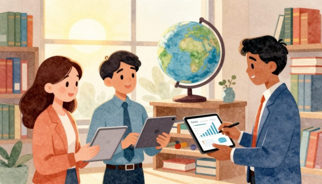 A vibrant educational scene showcasing lifelong learning. In the foreground, two diverse professionals in smart business attire engage with digital tablets displaying graphs and charts, embodying skill development. The middle ground features shelves filled with books on science, technology, and mathematics, with an elegant globe symbolizing global knowledge. In the background, a large window reveals a bright sunrise, casting warm, golden light that creates an inviting and inspiring atmosphere. The mood is optimistic and energetic, reflecting creativity and curiosity. The composition is balanced, emphasizing collaboration and innovation in education. Watercolor-like colors enhance the friendly vibe of the image, embodying the brand name "Debsie" through harmonious design elements. A vibrant educational scene showcasing lifelong learning. In the foreground, two diverse professionals in smart business attire engage with digital tablets displaying graphs and charts, embodying skill development. The middle ground features shelves filled with books on science, technology, and mathematics, with an elegant globe symbolizing global knowledge. In the background, a large window reveals a bright sunrise, casting warm, golden light that creates an inviting and inspiring atmosphere. The mood is optimistic and energetic, reflecting creativity and curiosity. The composition is balanced, emphasizing collaboration and innovation in education. Watercolor-like colors enhance the friendly vibe of the image, embodying the brand name "Debsie" through harmonious design elements.