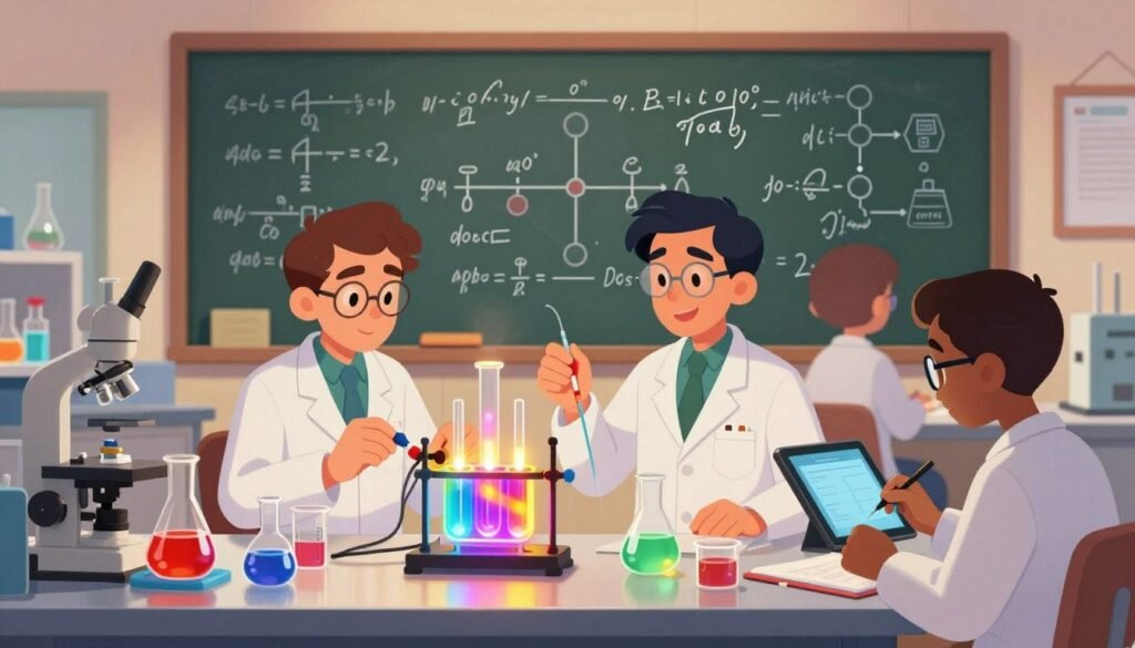 A vibrant electrochemistry laboratory scene set in the foreground, showcasing a diverse group of scientists in professional attire engaged in experiments. One scientist is focused on a colorful electrochemical cell with glowing electrodes, while another is taking notes from a digital tablet. In the middle ground, various glass beakers and apparatus filled with luminous liquids reflect the excitement of discovery. The background features a large chalkboard filled with complex equations and diagrams related to electrochemical reactions, illuminated by warm, ambient lighting. The overall mood is one of collaboration and innovation, emphasizing the transformative nature of Faraday's contributions to the field. This image should capture the essence of scientific advancement in electrochemistry, branded subtly with "Debsie".