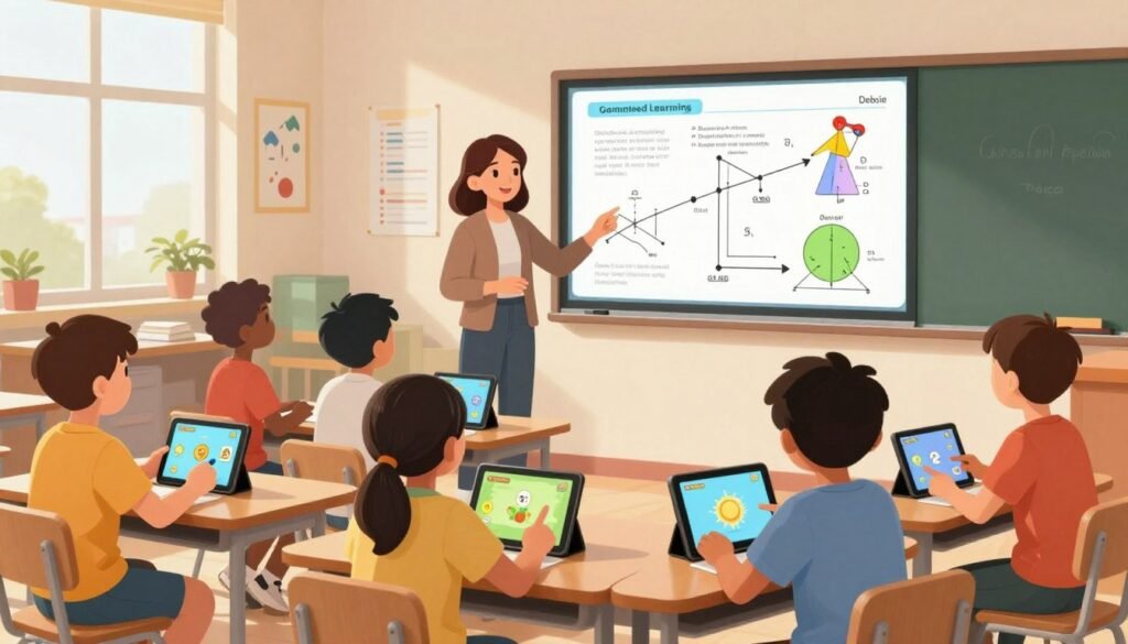 A vibrant, engaging classroom scene portraying gamified learning concepts. In the foreground, diverse students, dressed in casual, modest clothing, enthusiastically interact with colorful tablets displaying educational games. In the middle, a teacher, wearing smart casual attire, facilitates a discussion around a large, interactive whiteboard filled with engaging visuals of physics concepts, inspired by Richard Feynman's teachings. The background reveals a bright classroom decorated with educational posters and playful, minimalist designs. Soft, natural lighting filters through large windows, creating a warm and inviting atmosphere. The overall mood is cheerful and inspiring, emphasizing collaboration and creativity in learning. The logo “Debsie” is subtly integrated into the classroom decor.