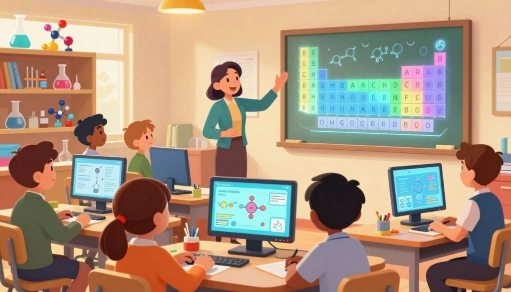 A vibrant, engaging classroom setting showcasing gamified learning in chemistry. In the foreground, a diverse group of students, dressed in professional business attire, are attentively interacting with colorful interactive digital displays featuring chemistry concepts and elements. In the middle ground, a teacher, enthusiastically guiding the students, stands beside a large, holographic periodic table that emits a soft glow. The background features shelves filled with playful chemistry equipment like beakers and molecular models, all under warm, inviting lighting that creates a friendly atmosphere. The scene is captured from a slightly elevated angle to emphasize the interaction, evoking a sense of excitement and discovery. The brand name "Debsie" can subtly appear on the digital displays. A vibrant, engaging classroom setting showcasing gamified learning in chemistry. In the foreground, a diverse group of students, dressed in professional business attire, are attentively interacting with colorful interactive digital displays featuring chemistry concepts and elements. In the middle ground, a teacher, enthusiastically guiding the students, stands beside a large, holographic periodic table that emits a soft glow. The background features shelves filled with playful chemistry equipment like beakers and molecular models, all under warm, inviting lighting that creates a friendly atmosphere. The scene is captured from a slightly elevated angle to emphasize the interaction, evoking a sense of excitement and discovery. The brand name "Debsie" can subtly appear on the digital displays.
