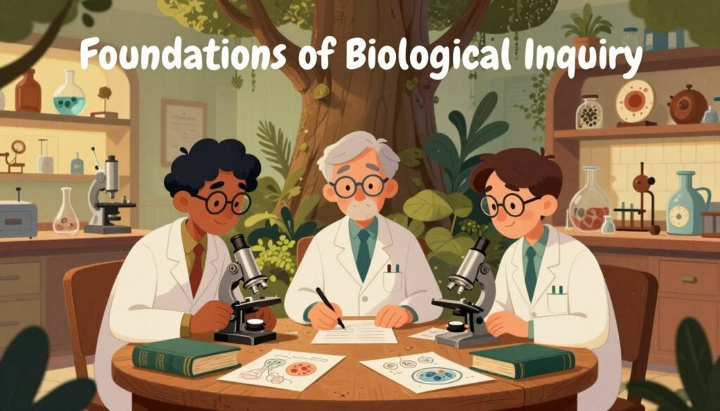 A vibrant, engaging illustration depicting the "Foundations of Biological Inquiry" in the history of biology. In the foreground, a diverse group of three professional scientists, wearing lab coats and glasses, huddle around an old wooden table filled with classic biology books, sketches of cells, and vintage microscopes. In the middle ground, ancient trees and plants provide a lush backdrop, symbolizing the connection to nature. The background features a softly lit laboratory with shelves filled with preserved specimens and historical biology tools, conveying a sense of discovery. The lighting is warm and inviting, casting soft shadows, creating a friendly atmosphere. The overall mood is one of curiosity and exploration, emphasizing the enduring impact of past biologists on modern science. Captured with a slight wide-angle lens for depth. Style by Debsie. A vibrant, engaging illustration depicting the "Foundations of Biological Inquiry" in the history of biology. In the foreground, a diverse group of three professional scientists, wearing lab coats and glasses, huddle around an old wooden table filled with classic biology books, sketches of cells, and vintage microscopes. In the middle ground, ancient trees and plants provide a lush backdrop, symbolizing the connection to nature. The background features a softly lit laboratory with shelves filled with preserved specimens and historical biology tools, conveying a sense of discovery. The lighting is warm and inviting, casting soft shadows, creating a friendly atmosphere. The overall mood is one of curiosity and exploration, emphasizing the enduring impact of past biologists on modern science. Captured with a slight wide-angle lens for depth. Style by Debsie.