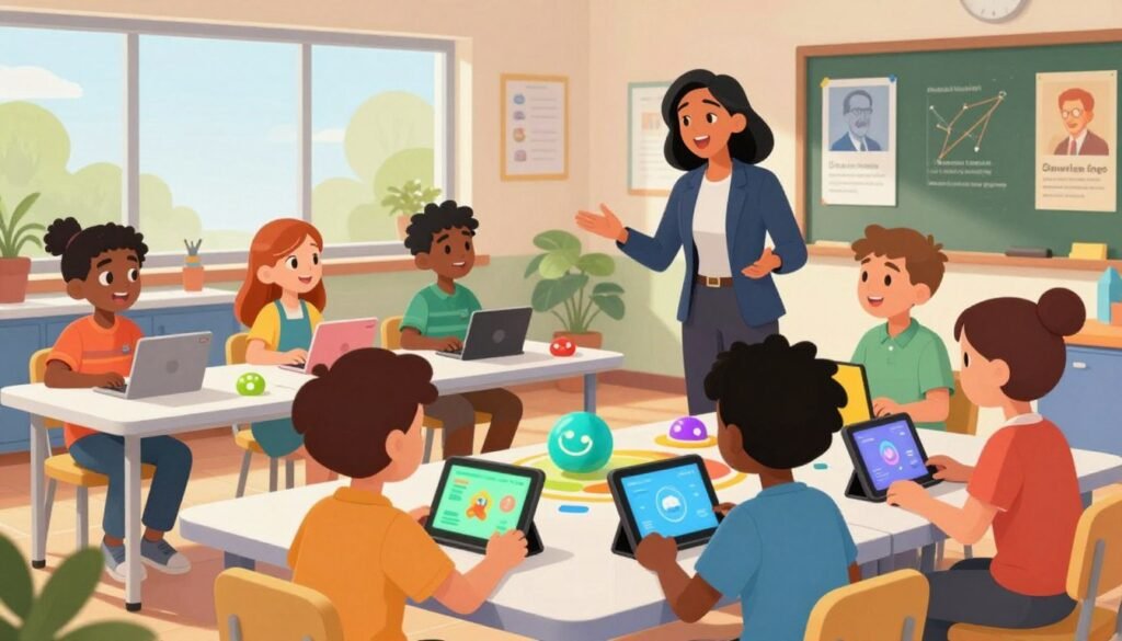 A vibrant, engaging scene depicting gamified learning, focused on a diverse group of students in a modern classroom setting. In the foreground, students of different ethnic backgrounds collaborate around colorful, interactive learning stations equipped with tablets and gaming elements. The middle layer features a teacher guiding the students, showcasing a mix of professional attire and comfortable clothing, exuding enthusiasm and encouragement. In the background, large windows allow natural light to pour in, illuminating motivational posters related to famous scientists and inventors. The atmosphere is lively and friendly, with bright colors to enhance a sense of creativity and innovation. The image should evoke curiosity and excitement, perfectly encapsulating the concept of learning through play. Include the brand name "Debsie" subtly integrated into the learning tools or environment. A vibrant, engaging scene depicting gamified learning, focused on a diverse group of students in a modern classroom setting. In the foreground, students of different ethnic backgrounds collaborate around colorful, interactive learning stations equipped with tablets and gaming elements. The middle layer features a teacher guiding the students, showcasing a mix of professional attire and comfortable clothing, exuding enthusiasm and encouragement. In the background, large windows allow natural light to pour in, illuminating motivational posters related to famous scientists and inventors. The atmosphere is lively and friendly, with bright colors to enhance a sense of creativity and innovation. The image should evoke curiosity and excitement, perfectly encapsulating the concept of learning through play. Include the brand name "Debsie" subtly integrated into the learning tools or environment.