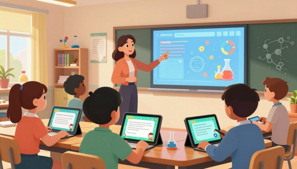 A vibrant, engaging scene illustrating gamified learning in a modern classroom setting. In the foreground, a diverse group of students, wearing professional attire, interact with colorful digital tablets displaying interactive science quizzes and gamified content branded with the name "Debsie." In the middle ground, a tech-savvy teacher guides the students, pointing to an immersive digital whiteboard filled with dynamic charts and exciting visuals of scientific concepts. The background features shelves of books, science models, and motivational posters. The room is brightly lit with warm, inviting tones, and soft natural lighting filtering through large windows. The atmosphere is lively and focused, conveying a sense of curiosity and collaboration in enhancing scientific literacy through engaging, playful learning experiences.