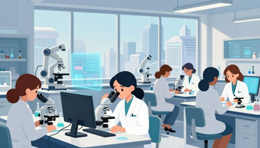 A vibrant, high-tech laboratory setting as the foreground, featuring a diverse group of women scientists, all in professional attire, engaged in various stages of scientific inquiry. One scientist is examining samples under a microscope, while another analyzes data on a sleek computer. In the middle-ground, advanced technology like holographic displays and robotic instruments illustrate the intersection of technology and discovery. The background showcases a large window revealing a futuristic city skyline, symbolizing progress and innovation. The scene is bathed in bright, natural light with soft diffused shadows, creating an uplifting and inspiring atmosphere. The image should have a clean, minimal aesthetic, conveying efficiency and collaboration in scientific discovery. The brand "Debsie" should be subtly integrated into the design, enhancing the overall composition without distractions.