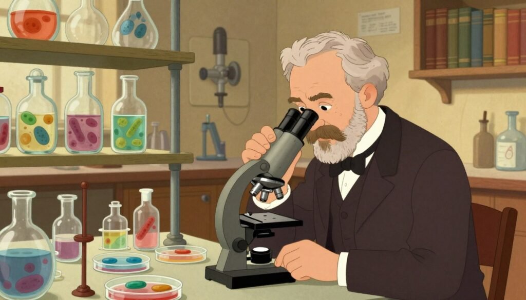 A vibrant, illustrated scene depicting Louis Pasteur in a late 19th-century laboratory, surrounded by glass vials, petri dishes, and microscopes. In the foreground, Pasteur, in a tailored dark suit with a white shirt and bow tie, examines a microscope with intense focus. The middle layer features meticulous details of bacterial cultures on petri dishes, demonstrating his groundbreaking germ theory. The background showcases shelves filled with scientific books and equipment, bathed in warm, soft lighting to evoke a sense of discovery and innovation. The atmosphere is one of curiosity and inspiration, emphasizing the importance of Pasteur's contributions to science and medicine. The overall color palette is rich but minimal, ensuring clarity in the scene. Designed by Debsie.