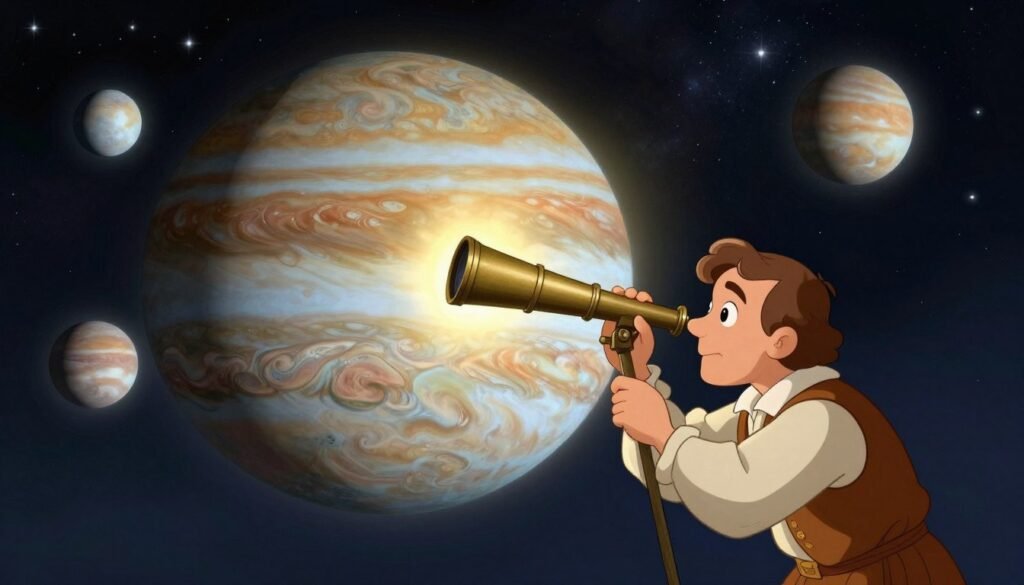 A vibrant illustration depicting Galileo Galilei observing Jupiter and its moons through a vintage telescope. In the foreground, Galileo, a middle-aged man in modest, period-appropriate attire, leans towards his telescope, with a look of wonder and curiosity. The middle ground reveals a detailed view of Jupiter in the night sky, showcasing its swirling clouds and distinctive bands, alongside four of its moons, glowing softly. In the background, a starry sky filled with stars adds depth, illuminated by a gentle, ethereal light that casts a warm glow over the scene. The mood is one of inspiration and discovery, evoking the thrill of scientific exploration. This image is designed with a friendly, colorful palette, emphasizing the beauty of the cosmos. Debsie. A vibrant illustration depicting Galileo Galilei observing Jupiter and its moons through a vintage telescope. In the foreground, Galileo, a middle-aged man in modest, period-appropriate attire, leans towards his telescope, with a look of wonder and curiosity. The middle ground reveals a detailed view of Jupiter in the night sky, showcasing its swirling clouds and distinctive bands, alongside four of its moons, glowing softly. In the background, a starry sky filled with stars adds depth, illuminated by a gentle, ethereal light that casts a warm glow over the scene. The mood is one of inspiration and discovery, evoking the thrill of scientific exploration. This image is designed with a friendly, colorful palette, emphasizing the beauty of the cosmos. Debsie.