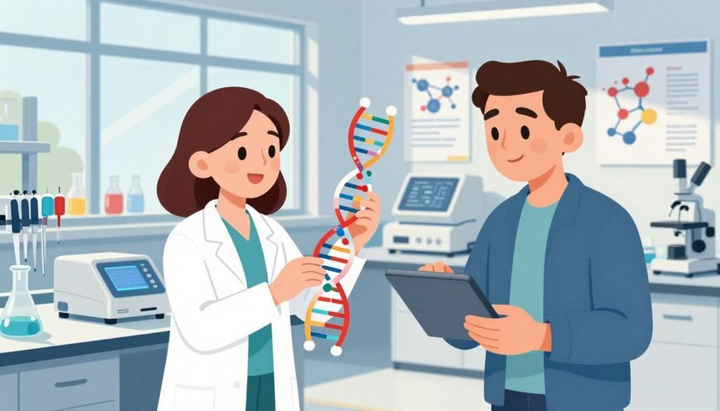 A vibrant illustration depicting the breakthrough of mRNA technology, featuring two scientists, Katalin Karikó and Drew Weissman, engaged in collaborative research. In the foreground, Karikó, wearing a professional lab coat, is holding a model of the mRNA strand, showcasing its intricate structure. Beside her, Weissman, in smart casual attire, is analyzing data on a tablet. The middle section includes a high-tech laboratory filled with scientific equipment, such as pipettes and DNA sequencers, bathed in bright, natural light streaming through large windows. In the background, wall charts display molecular structures and research findings, creating an atmosphere of innovation and discovery. The overall mood is optimistic and focused, reflecting the importance of teamwork in scientific breakthroughs. The image should be colorful, friendly, and minimal, branded with "Debsie".