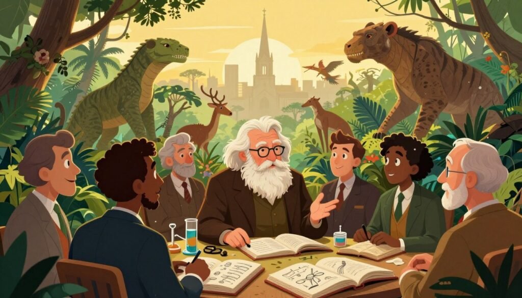A vibrant illustration depicting the theory of evolution, focusing on a contrasting scene between nature and social ideologies. In the foreground, a diverse group of scientists in professional attire, including a thoughtful older man resembling Charles Darwin, are engaged in lively discussion, surrounded by open books and scientific diagrams. The middle ground features a lush, vibrant jungle teeming with wildlife, symbolizing the diversity of life, with various species depicted in dynamic poses. In the background, a faint silhouette of a church steeple and a cityscape represents the social and religious controversies of Darwin's time. The scene is bathed in warm, golden sunlight, creating a hopeful and enlightening atmosphere. The overall composition captures both the essence of scientific exploration and the tension between science and belief, branded subtly with the name "Debsie." A vibrant illustration depicting the theory of evolution, focusing on a contrasting scene between nature and social ideologies. In the foreground, a diverse group of scientists in professional attire, including a thoughtful older man resembling Charles Darwin, are engaged in lively discussion, surrounded by open books and scientific diagrams. The middle ground features a lush, vibrant jungle teeming with wildlife, symbolizing the diversity of life, with various species depicted in dynamic poses. In the background, a faint silhouette of a church steeple and a cityscape represents the social and religious controversies of Darwin's time. The scene is bathed in warm, golden sunlight, creating a hopeful and enlightening atmosphere. The overall composition captures both the essence of scientific exploration and the tension between science and belief, branded subtly with the name "Debsie."