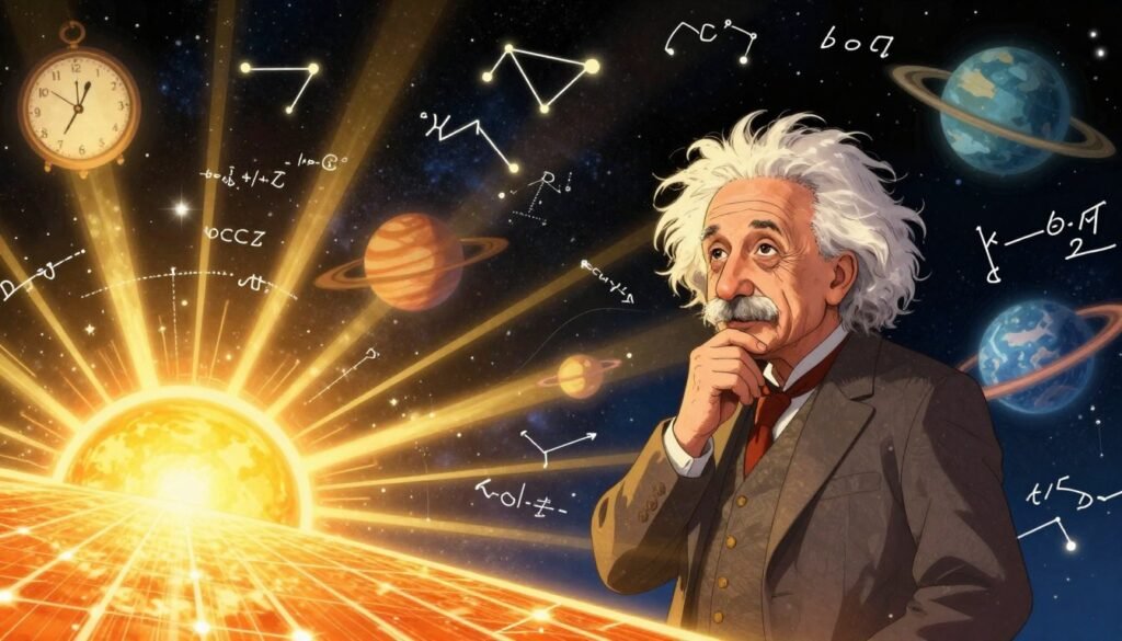 A vibrant illustration of Albert Einstein in a thoughtful pose, surrounded by swirling equations related to the theory of relativity. In the foreground, a glowing sun radiates beams of solar energy, intertwining with symbols of time and space. The middle ground features stylized representations of clocks and planets, showcasing the interaction of light and energy. The background is a starry sky, filled with constellations that hint at the vastness of the universe. The lighting is warm and inviting, creating an uplifting atmosphere. The scene is captured with a wide-angle lens, emphasizing the grandeur of the cosmos and Einstein's groundbreaking ideas. The image reflects a fusion of scientific discovery and renewable energy, contributing to a bright future. Debsie.