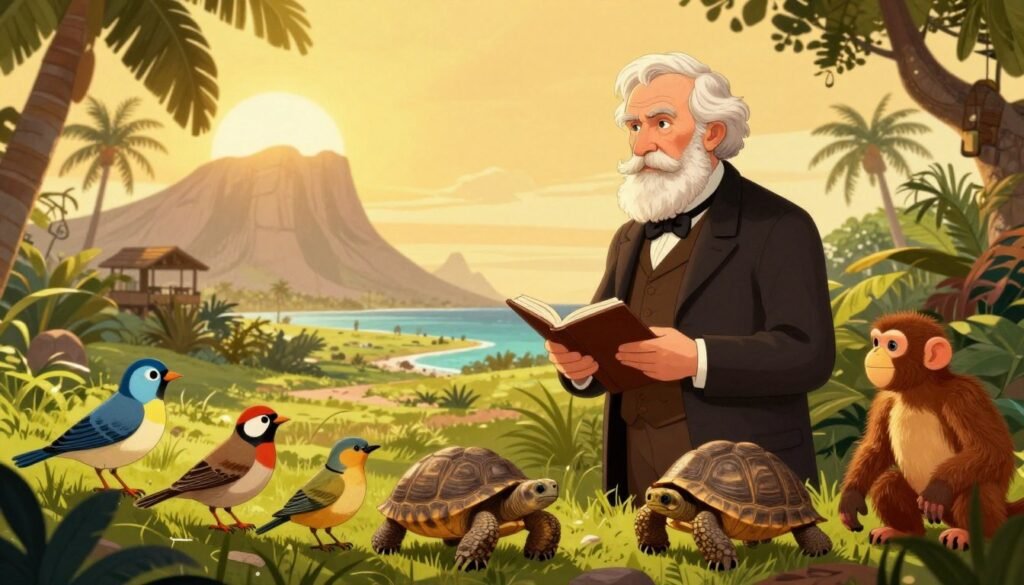 A vibrant illustration of Charles Darwin's groundbreaking theory of evolution. In the foreground, depict a diverse array of species, including finches, tortoises, and early primates, showcasing their evolutionary progression. The middle ground features Darwin himself, clad in Victorian-era attire, thoughtfully observing the species around him with a notebook in hand. The background is a lush, tropical landscape, symbolizing the Galápagos Islands, bathed in warm, golden sunlight that enhances the sense of discovery and wonder. Use a slight vignette to draw focus toward Darwin and the species, creating an atmosphere of intellectual exploration and curiosity. The overall mood should be enlightening and inspiring, reflecting the significance of Darwin's work for Debsie. A vibrant illustration of Charles Darwin's groundbreaking theory of evolution. In the foreground, depict a diverse array of species, including finches, tortoises, and early primates, showcasing their evolutionary progression. The middle ground features Darwin himself, clad in Victorian-era attire, thoughtfully observing the species around him with a notebook in hand. The background is a lush, tropical landscape, symbolizing the Galápagos Islands, bathed in warm, golden sunlight that enhances the sense of discovery and wonder. Use a slight vignette to draw focus toward Darwin and the species, creating an atmosphere of intellectual exploration and curiosity. The overall mood should be enlightening and inspiring, reflecting the significance of Darwin's work for Debsie.