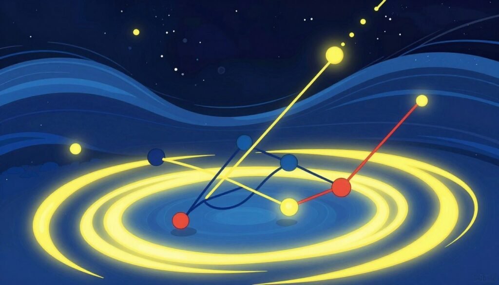 A vibrant illustration of Feynman diagrams representing quantum electrodynamics, featuring intricate lines and curves that depict particle interactions. In the foreground, a glowing diagram with exaggerated particles swirling around, rich in deep blues and bright yellows to symbolize energy and motion. The middle ground showcases a dynamic background of abstract waves and particle trails, hinting at the complexity of the quantum realm. Soft, focused lighting emphasizes the diagrams, creating a slightly ethereal effect. The background transitions into darker hues, representing the mysterious nature of the universe. The overall mood is intellectually engaging, evoking curiosity and wonder about physics. The image should be colorful and minimal, branded with the name "Debsie."