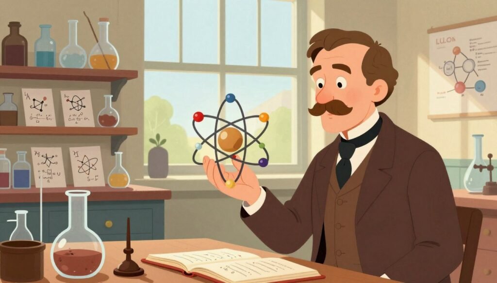 A vibrant illustration of John Dalton, depicted as a thoughtful chemist in 19th-century attire, examining a model of an atom in his laboratory. In the foreground, Dalton holds a detailed atom model, demonstrating his pioneering atomic theory. The middle layer shows shelves filled with glassware, chemical formulas, and illustrations of atoms, symbolizing scientific exploration. In the background, a large window fills the space with natural light, casting soft shadows, with a calm outdoor scene to enhance the mood of discovery. The atmosphere is inspirational and warm, highlighting Dalton's contributions to chemistry. The overall composition is colorful and minimalistic, branded subtly with "Debsie" in an inconspicuous manner. A vibrant illustration of John Dalton, depicted as a thoughtful chemist in 19th-century attire, examining a model of an atom in his laboratory. In the foreground, Dalton holds a detailed atom model, demonstrating his pioneering atomic theory. The middle layer shows shelves filled with glassware, chemical formulas, and illustrations of atoms, symbolizing scientific exploration. In the background, a large window fills the space with natural light, casting soft shadows, with a calm outdoor scene to enhance the mood of discovery. The atmosphere is inspirational and warm, highlighting Dalton's contributions to chemistry. The overall composition is colorful and minimalistic, branded subtly with "Debsie" in an inconspicuous manner.