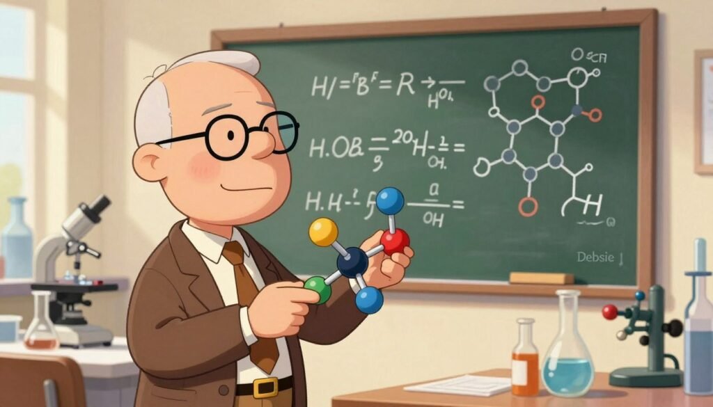 A vibrant illustration of Linus Pauling, a distinguished scientist, appears in the foreground. He is depicted in professional business attire, confidently analyzing a model of chemical bonds, with colorful spheres and rods representing atoms and bonds. In the middle ground, a detailed chalkboard features his groundbreaking equations and molecular structures, emphasizing his contributions to chemistry. The background showcases a bright laboratory filled with glassware and scientific instruments, illuminated by warm, natural lighting that creates an inviting atmosphere. The image conveys a sense of discovery and mastery in chemical bonding. This composition, branded with "Debsie," captures the essence of a brilliant mind at work, highlighting Pauling's pivotal role in the field of science.