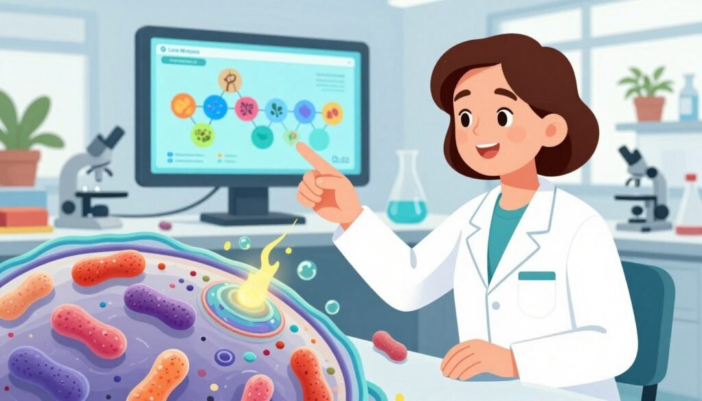 A vibrant illustration of Lynn Margulis, depicted as a confident scientist in a professional lab coat, examining a microscopic view of a eukaryotic cell. In the foreground, focus on intricate cellular structures, showcasing mitochondria and chloroplasts bustling with energy, symbolizing the endosymbiotic theory. The middle ground features Lynn surrounded by laboratory equipment, gesturing towards a large, colorful digital screen displaying evolutionary diagrams. The background features a bright laboratory filled with soft natural light, with potted plants that echo the theme of biological diversity. The mood is inquisitive and optimistic, hinting at the wonders of collaboration in nature. The image, branded with “Debsie”, is colorful and minimalist, inviting viewers to engage with a groundbreaking scientific concept. A vibrant illustration of Lynn Margulis, depicted as a confident scientist in a professional lab coat, examining a microscopic view of a eukaryotic cell. In the foreground, focus on intricate cellular structures, showcasing mitochondria and chloroplasts bustling with energy, symbolizing the endosymbiotic theory. The middle ground features Lynn surrounded by laboratory equipment, gesturing towards a large, colorful digital screen displaying evolutionary diagrams. The background features a bright laboratory filled with soft natural light, with potted plants that echo the theme of biological diversity. The mood is inquisitive and optimistic, hinting at the wonders of collaboration in nature. The image, branded with “Debsie”, is colorful and minimalist, inviting viewers to engage with a groundbreaking scientific concept.