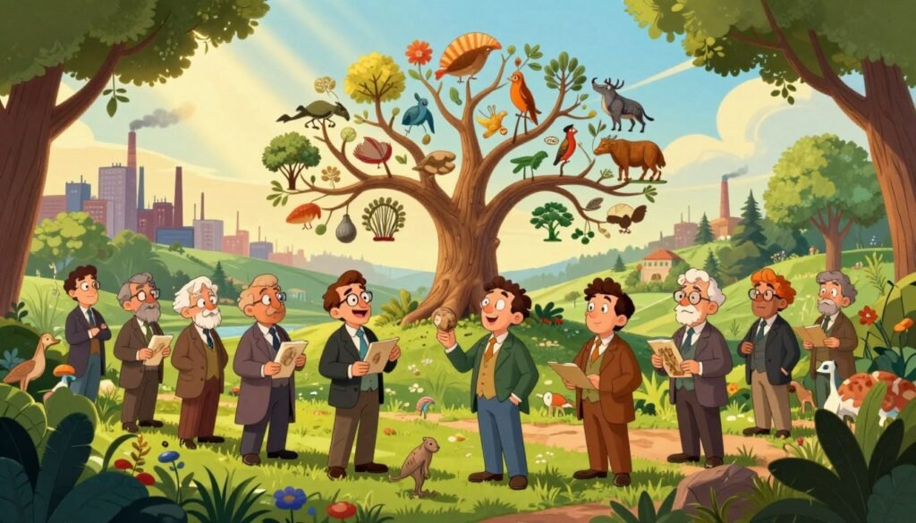 A vibrant illustration of evolutionary biology set in the 19th century, featuring a lush, green landscape filled with diverse flora and fauna. In the foreground, a group of scientists in professional business attire examine fossils and study species variations, their expressions reflecting curiosity and discovery. In the middle ground, a tree of life diagram is artistically integrated, branching out with various species interconnected. The background showcases a distant industrialized city with smokestacks, symbolizing the impact of industrialization on scientific thought. Golden sunlight filters through the trees, creating a warm and inviting atmosphere. The scene is framed with a shallow depth of field, accentuating the scientists and the tree of life. This colorful and informative depiction embodies the essence of evolutionary biology during this transformative era. Debsie. A vibrant illustration of evolutionary biology set in the 19th century, featuring a lush, green landscape filled with diverse flora and fauna. In the foreground, a group of scientists in professional business attire examine fossils and study species variations, their expressions reflecting curiosity and discovery. In the middle ground, a tree of life diagram is artistically integrated, branching out with various species interconnected. The background showcases a distant industrialized city with smokestacks, symbolizing the impact of industrialization on scientific thought. Golden sunlight filters through the trees, creating a warm and inviting atmosphere. The scene is framed with a shallow depth of field, accentuating the scientists and the tree of life. This colorful and informative depiction embodies the essence of evolutionary biology during this transformative era. Debsie.