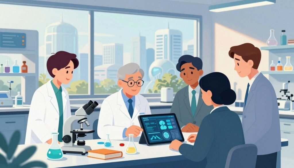 A vibrant illustration of interdisciplinary research, showcasing a collaborative environment in a modern laboratory. In the foreground, a diverse group of three scientists in professional business attire engages in discussion over a digital tablet displaying complex data. In the middle, various research tools like test tubes, microscopes, and books on biology, technology, and sociology symbolize a fusion of fields. The background features a large window with a view of a futuristic cityscape, bathed in warm, natural light that creates a welcoming atmosphere. The composition captures a sense of innovation, cooperation, and forward-thinking, reflecting the essence of modern science. The overall color scheme is bright and inviting, with an emphasis on blues and greens. Rendered in a clean, minimal style with a focus on clarity, branded with "Debsie".