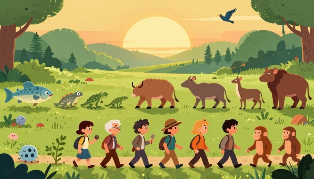 A vibrant illustration of the theory of evolution, showcasing a progression from early single-celled organisms to diverse forms of life. In the foreground, depict a timeline of evolution with lifelike, modestly-clothed human figures studying fossils and plants, embodying curiosity and discovery. In the middle, illustrate an array of species, including a prehistoric fish, early amphibians, and various mammals, transitioning smoothly to modern species like birds and primates. The background features a lush, green landscape with a glowing sunset, symbolizing growth and change. Use soft, warm lighting to create an inviting, educational atmosphere. Capture the essence of Darwin's legacy in the United States, emphasizing exploration and understanding. Render in a colorful, friendly style, ensuring clarity without text or markings. Debsie. A vibrant illustration of the theory of evolution, showcasing a progression from early single-celled organisms to diverse forms of life. In the foreground, depict a timeline of evolution with lifelike, modestly-clothed human figures studying fossils and plants, embodying curiosity and discovery. In the middle, illustrate an array of species, including a prehistoric fish, early amphibians, and various mammals, transitioning smoothly to modern species like birds and primates. The background features a lush, green landscape with a glowing sunset, symbolizing growth and change. Use soft, warm lighting to create an inviting, educational atmosphere. Capture the essence of Darwin's legacy in the United States, emphasizing exploration and understanding. Render in a colorful, friendly style, ensuring clarity without text or markings. Debsie.
