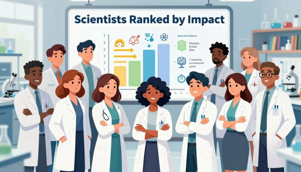 A vibrant illustration showcasing a diverse group of scientists standing in a semi-circle, each labeled with symbols of their significant contributions, such as a DNA strand, a microscope, or an atom. In the foreground, female and male scientists are wearing professional business attire, exuding confidence and collaboration. The middle ground features a large, clear chart or graph displaying their ranked impact on daily life through colorful arrows and icons. The background softly blurs into an inviting laboratory setting filled with scientific equipment and bookshelves. Bright, natural light floods the scene, giving it an optimistic and inspiring atmosphere. The overall composition should feel educational and approachable, embodying the theme of "Scientists Ranked by Impact." Artwork by Debsie.