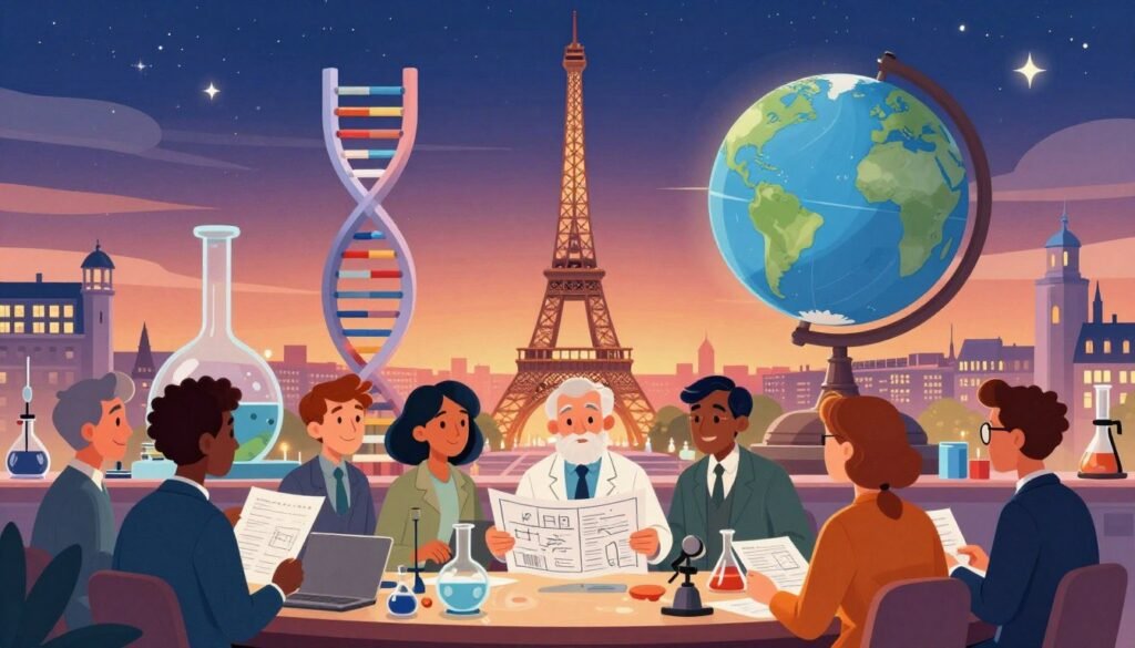 A vibrant illustration showcasing the enduring impact of French scientific discoveries. In the foreground, a diverse group of scientists in professional attire, engaged in collaborative discussions, examining blueprints, and the latest scientific instruments. The middle ground features iconic symbols of French innovation: the Eiffel Tower subtly morphing into a DNA helix, a globe highlighting major scientific achievements, and classic lab equipment reflecting light. The background depicts a softly lit Paris skyline at dusk, with warm colors merging into a starry night, representing enlightenment and inspiration. The mood is hopeful and visionary, evoking a sense of progress and curiosity. The overall composition is harmonious and inviting, designed for an educational context. Created by Debsie.