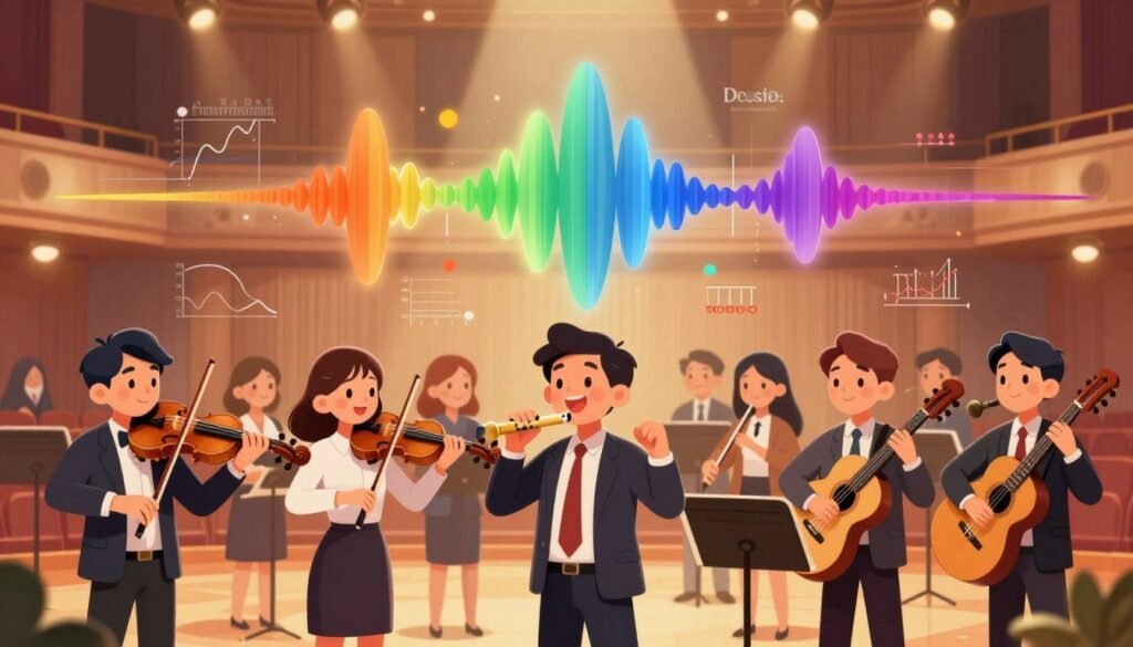 A vibrant illustration showcasing the physics of musical instruments and acoustics. In the foreground, a diverse group of musicians—dressed in professional business attire—play various instruments such as a violin, flute, and guitar, their expressions focused and joyful. In the middle layer, colorful sound waves radiate from the instruments, visualizing the flow of sound. Acoustics diagrams with wave patterns and frequencies are subtly integrated behind the instruments, providing a scientific context. The background features a softly-lit concert hall, enhancing the atmosphere of musical exploration. Soft, ambient lighting highlights the scene, creating a harmonious and inviting mood. The overall tone is colorful and friendly, reflecting the joy of music and science combined. Designed as per the brand "Debsie." A vibrant illustration showcasing the physics of musical instruments and acoustics. In the foreground, a diverse group of musicians—dressed in professional business attire—play various instruments such as a violin, flute, and guitar, their expressions focused and joyful. In the middle layer, colorful sound waves radiate from the instruments, visualizing the flow of sound. Acoustics diagrams with wave patterns and frequencies are subtly integrated behind the instruments, providing a scientific context. The background features a softly-lit concert hall, enhancing the atmosphere of musical exploration. Soft, ambient lighting highlights the scene, creating a harmonious and inviting mood. The overall tone is colorful and friendly, reflecting the joy of music and science combined. Designed as per the brand "Debsie."