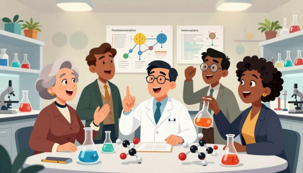 A vibrant, imaginative depiction of influential chemists from history, such as a diverse group of scientists in professional business attire, gathered around a large table filled with beakers and molecular models. In the foreground, the prominent figures are engaged in passionate discussion, showcasing their distinct characteristics: a female chemist from the late 19th century, an Asian male scientist in a lab coat, and a pioneering Black woman holding a flask, all exuding enthusiasm for their craft. The middle ground features lab equipment and dynamic charts illustrating groundbreaking discoveries. The background showcases a bright, contemporary laboratory filled with plants and colorful chemical reactions, illuminated by soft lighting to create a friendly atmosphere. Use a low angle to emphasize the scientists' determination and the importance of their contributions. The image should be colorful and reflect the theme of innovation and collaboration. Debsie. A vibrant, imaginative depiction of influential chemists from history, such as a diverse group of scientists in professional business attire, gathered around a large table filled with beakers and molecular models. In the foreground, the prominent figures are engaged in passionate discussion, showcasing their distinct characteristics: a female chemist from the late 19th century, an Asian male scientist in a lab coat, and a pioneering Black woman holding a flask, all exuding enthusiasm for their craft. The middle ground features lab equipment and dynamic charts illustrating groundbreaking discoveries. The background showcases a bright, contemporary laboratory filled with plants and colorful chemical reactions, illuminated by soft lighting to create a friendly atmosphere. Use a low angle to emphasize the scientists' determination and the importance of their contributions. The image should be colorful and reflect the theme of innovation and collaboration. Debsie.