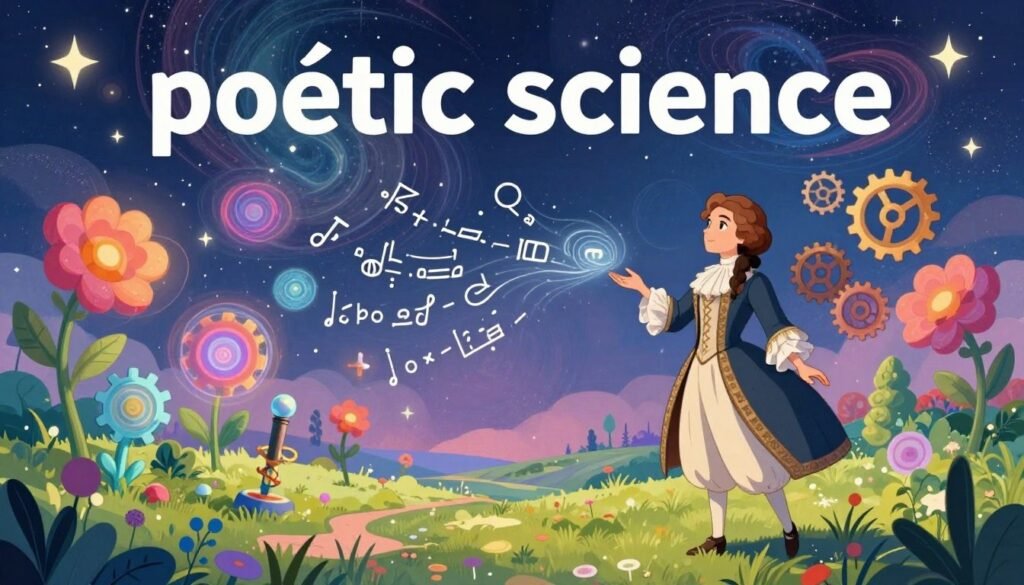 A vibrant, imaginative illustration of "poetic science," featuring a surreal landscape where the laws of nature intertwine with artistry. In the foreground, a graceful figure resembling Ada Lovelace, dressed in elegant 19th-century attire, stands among swirling equations and floating gears, representing the fusion of creativity and mathematics. The middle ground showcases ethereal elements like cascading formulas and colorful fractals evolving into flowers, symbolizing the beauty of innovation. In the background, a dreamy celestial sky filled with stars and cosmic patterns evokes a sense of wonder and exploration. Soft, ambient lighting bathes the scene, highlighting the harmonious relationship between science and art. The atmosphere is inspiring and enlightening, encouraging the viewer to ponder the visionary concept of poetic science. The brand name "Debsie" is subtly integrated into the design.