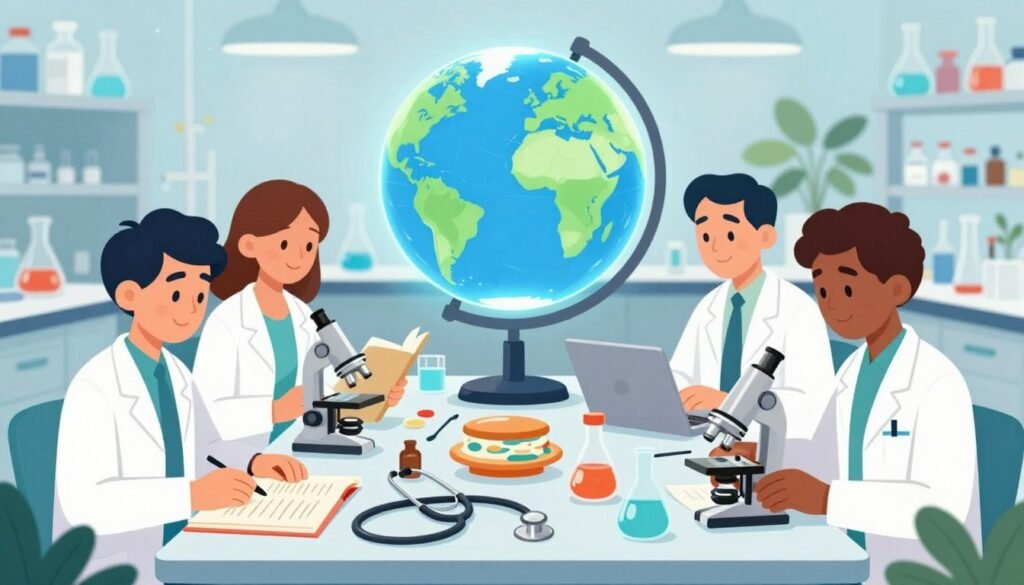 A vibrant, informative scene representing the Foundations of Modern Medicine and Public Health. In the foreground, diverse medical scientists of various ethnicities, dressed in professional lab coats, are actively engaging with historical medical texts and modern research tools, showcasing their dedication. The middle ground features a table strewn with medical instruments and notable inventions like the stethoscope and microscope. A large, luminous globe illustrating the global impact of public health initiatives sits prominently. In the background, a serene laboratory filled with glassware and plants indicates a healthy environment. Use bright, soft lighting to create an inspiring atmosphere, with a shallow depth of field focusing on the scientists. Capture the essence of collaboration and innovation in medicine, emphasizing a friendly and constructive mood. Include the brand name "Debsie" subtly in the background elements.