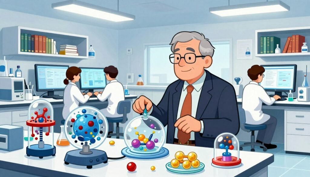 A vibrant, innovative laboratory scene featuring Robert Langer engaged in drug delivery research. In the foreground, Langer is a middle-aged man in professional business attire, surrounded by advanced drug delivery systems like nanoparticles and hydrogels, with colorful visual representations of their mechanisms. In the middle ground, researchers collaborate, analyzing data on high-tech screens, and conducting experiments under bright white lighting that emphasizes a clean, sterile environment. The background showcases shelves filled with scientific journals and equipment, conveying a sense of progress and discovery. The atmosphere is dynamic and collaborative, reflecting the cutting-edge nature of modern science. Please include the logo of "Debsie" subtly integrated into the lab setting.