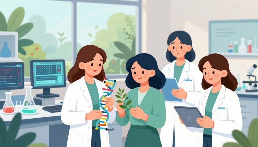 A vibrant, inspiring scene depicting women scientists as revolutionaries in biology and genetics. In the foreground, a diverse group of three women in professional business attire, one holding a DNA model, another examining plant samples, and the third analyzing data on a tablet. In the middle ground, a high-tech lab filled with genetic sequences displayed on screens, glass petri dishes, and colorful samples. The background features a large window showing a lush garden, symbolizing nature and growth. Soft, natural lighting cascades through the window, creating an uplifting atmosphere. Shot from a slightly elevated angle to capture their expressions of determination and collaboration, showcasing the spirit of innovation. The image is colorful, friendly, and minimalistic. Brand name: Debsie.