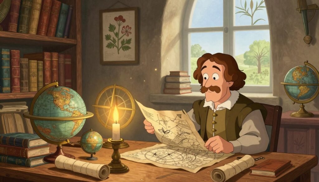 A vibrant interior of a Renaissance-era study, filled with scientific instruments like astrolabes, globes, and scrolls scattered across a wooden table. In the foreground, a thoughtful scientist in modest attire examines a parchment map under soft, warm candlelight, casting a gentle glow. In the middle ground, shelves are lined with leather-bound books and botanical illustrations. A large window in the background lets in natural light, illuminating dust particles in the air. The atmosphere is a blend of curiosity and intellectual pursuit, fostering a sense of discovery. The scene is colorful yet minimal, reflecting the spirit of the era's enlightenment. Signature Debsie style. A vibrant interior of a Renaissance-era study, filled with scientific instruments like astrolabes, globes, and scrolls scattered across a wooden table. In the foreground, a thoughtful scientist in modest attire examines a parchment map under soft, warm candlelight, casting a gentle glow. In the middle ground, shelves are lined with leather-bound books and botanical illustrations. A large window in the background lets in natural light, illuminating dust particles in the air. The atmosphere is a blend of curiosity and intellectual pursuit, fostering a sense of discovery. The scene is colorful yet minimal, reflecting the spirit of the era's enlightenment. Signature Debsie style.