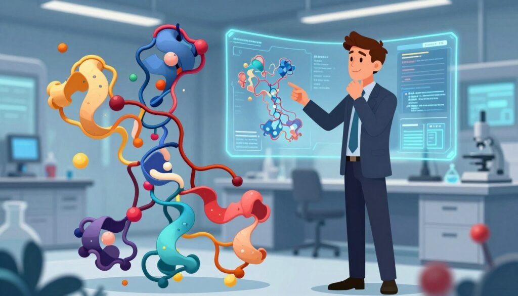 A vibrant, intricate illustration of an AlphaFold protein structure prediction, showcasing the complex, colorful 3D molecular structure in the foreground with vivid, flowing forms reminiscent of amino acids and proteins. In the middle ground, a researcher in professional business attire stands thoughtfully, analyzing the protein model on a sleek digital interface, surrounded by holographic data displays. The background features a soft-focused laboratory setting with high-tech equipment and glowing screens, enhancing the scientific atmosphere. Use bright, well-balanced lighting to create a sense of optimism and innovation. The overall mood is inspiring and professional, reflecting the groundbreaking work of Demis Hassabis. Include the branding "Debsie" subtly within the scene, harmonizing with the scientific theme.
