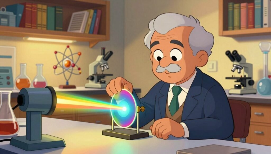 A vibrant laboratory scene depicting C. V. Raman in professional attire, focused intently on a prism dispersing light in front of him. In the foreground, a high-tech light source casts colorful beams through the prism, creating a spectrum of vivid colors. The middle ground showcases scientific equipment like glass beakers, a microscope, and an atomic model, emphasizing the theme of research. In the background, shelves are filled with books on physics and optics, illuminated by warm lighting, creating an inviting atmosphere. The overall mood is one of curiosity and discovery, embodying the spirit of scientific exploration. The image is branded with the logo "Debsie" subtly integrated into the laboratory design, ensuring a friendly, educational tone. A vibrant laboratory scene depicting C. V. Raman in professional attire, focused intently on a prism dispersing light in front of him. In the foreground, a high-tech light source casts colorful beams through the prism, creating a spectrum of vivid colors. The middle ground showcases scientific equipment like glass beakers, a microscope, and an atomic model, emphasizing the theme of research. In the background, shelves are filled with books on physics and optics, illuminated by warm lighting, creating an inviting atmosphere. The overall mood is one of curiosity and discovery, embodying the spirit of scientific exploration. The image is branded with the logo "Debsie" subtly integrated into the laboratory design, ensuring a friendly, educational tone.