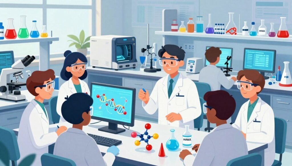 A vibrant laboratory scene depicting the groundbreaking development of mRNA vaccines. In the foreground, a diverse group of scientists in professional lab coats, equipped with safety goggles, collaborate over a colorful display of molecular models and interactive screens showcasing mRNA structures. The middle ground features advanced laboratory equipment, such as PCR machines and microscopes, symbolizing cutting-edge research. The background captures a bright, spacious lab filled with rich colors of various chemical solutions, plants, and digital data on monitors. Soft, natural lighting bathes the scene, creating a hopeful and inspiring atmosphere. Include elements like DNA strands and vaccine vials labeled “mRNA” subtly integrated into the design. The overall mood should be optimistic, highlighting the innovation and teamwork of scientific pioneers. The branding "Debsie" is subtly present in the design, ensuring a cohesive feel.